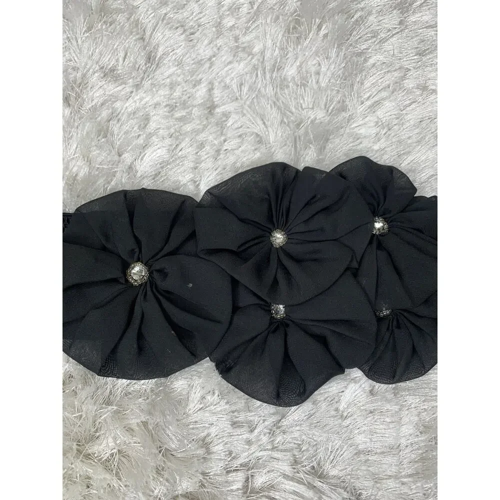 Black 3D Flower Belt Rhinestone Center Stretch Wide Belt Sz Small Medium